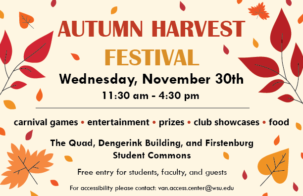 autumn harvest festival ad with orange and red leaves scattered around info text about the event